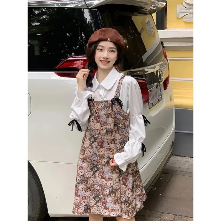 （原版质量）百搭蝴蝶结长袖衬衫女时尚连衣裙假两件小熊背带裙