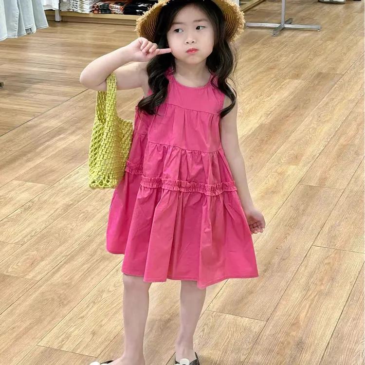 韩国童装2025夏季新款女童度假风玫红色连衣裙女宝宝无袖背心裙潮