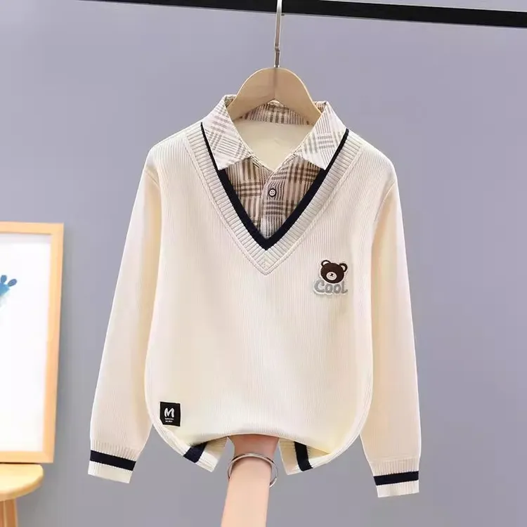 男童卫衣一体绒秋冬款2024新款儿童衬衫领打底衫加厚中大童假两件