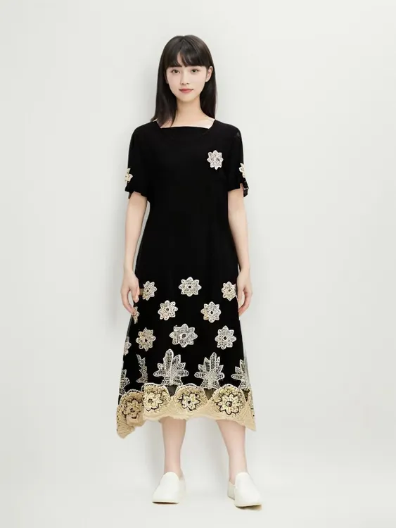 长款收腰绣花网纱连衣裙