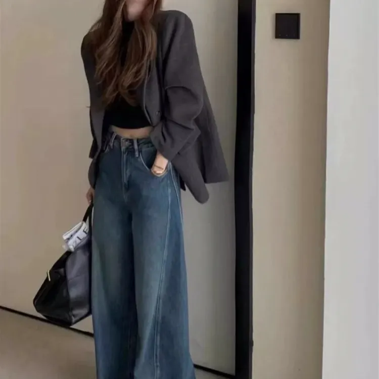 复古蓝阔腿牛仔裤女冬季加绒加厚欧货高腰宽松垂感拖地长裤子