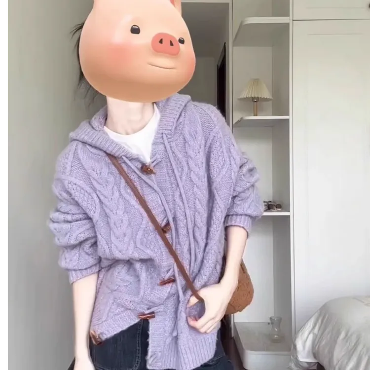韩系软糯香芋紫连帽毛衣外套女秋季慵懒风牛角扣显瘦外搭开衫上衣