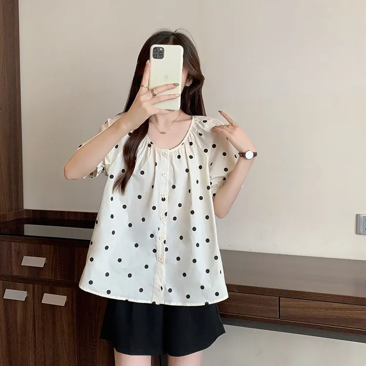 【现货】胖mm大码女时尚甜美波点泡泡袖显瘦遮肉小衫上衣20083