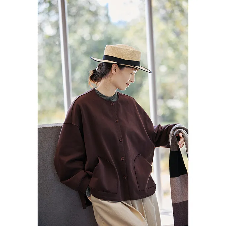 秋季新品文艺复古秋冬原创女装枣酱咖百搭圆领开门襟女针织厚外套