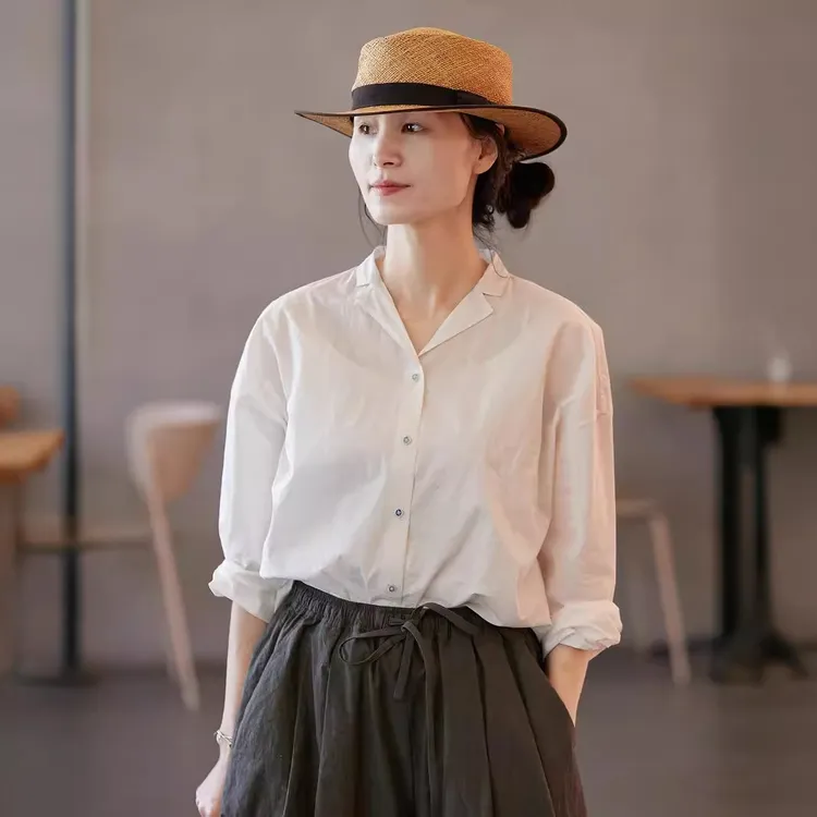 新品文艺复古衬衫原创女装白色细腻轻盈古巴领时尚衬衣开衫女女士