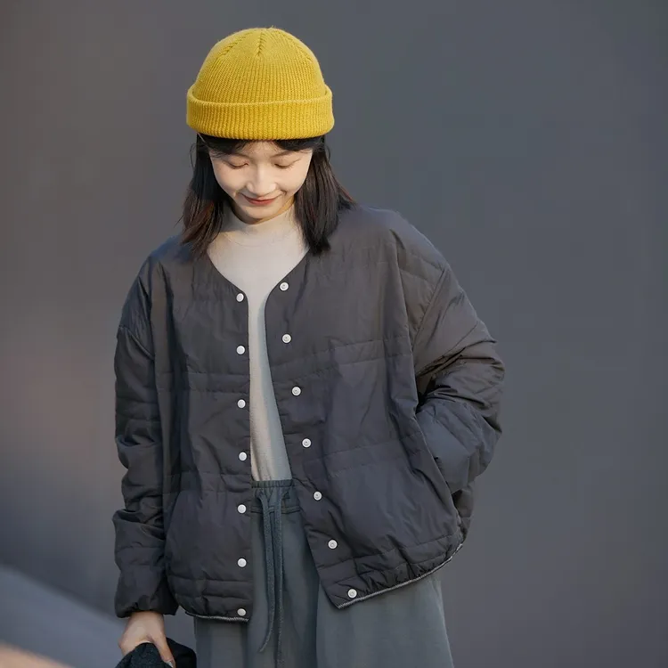 文艺休闲原创复古女装 冬季灰咖色大朵白鸭绒轻盈V领保暖羽绒服