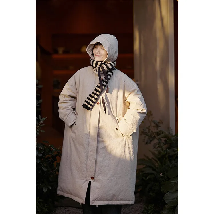 文艺休闲复古棉麻冬季保暖亚麻棉连帽中长款加厚女式羽绒服新款