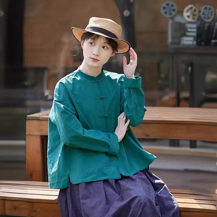 棉麻女装中式轻复古夏款宽松纯色水洗棉质盘扣衬衣衬衫上衣女士