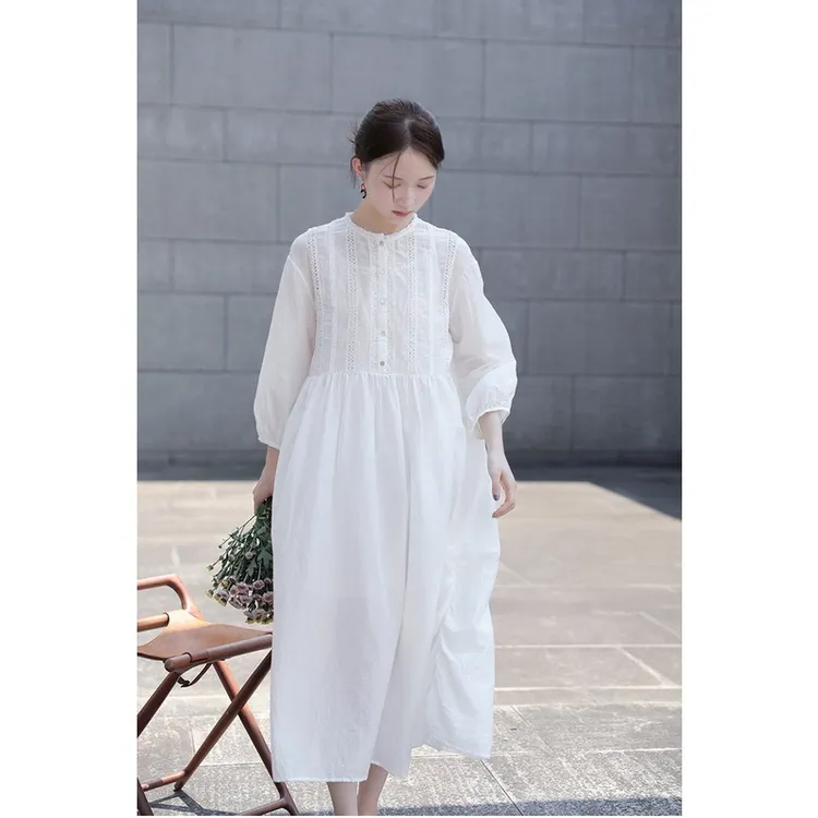 中式禅意文艺甜美仙气宽松长袖蕾丝花边汉服白色长款连衣裙袍子女