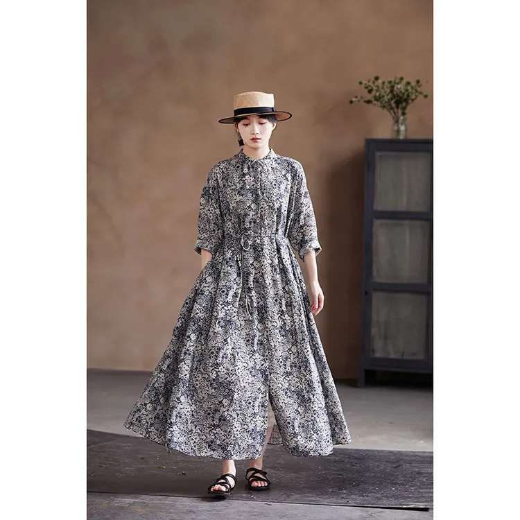秋季新品 文艺复古原创休闲蓝花轻薄透气翻领衬衫式亚麻长连衣裙
