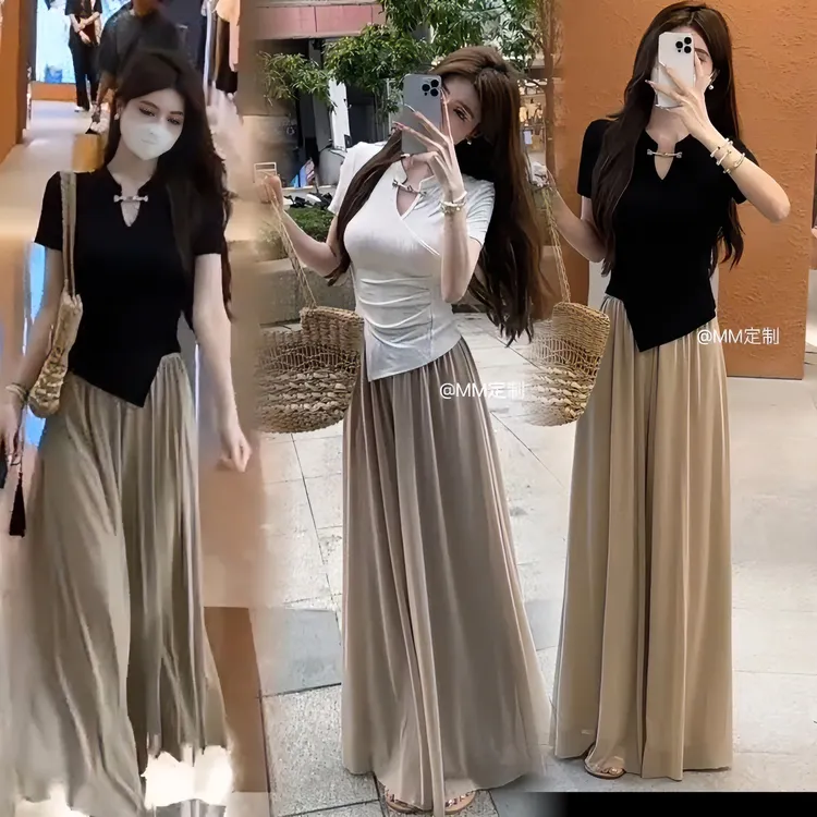 夏季短袖新中式新款显瘦不规则女装长裤复古痞帅炸街风女装