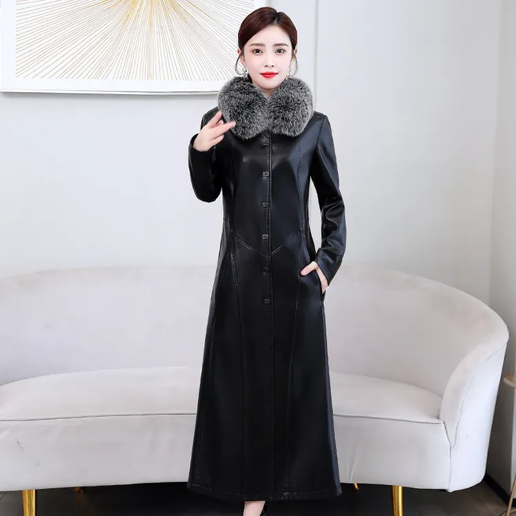2024新款海宁皮衣长款皮风衣狐狸毛领开身女高档保暖女士皮衣外套