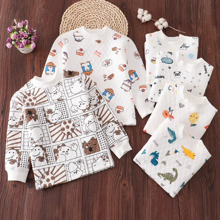 儿童无骨内衣上衣单件男童婴儿三层夹棉保暖上装纯棉秋衣内穿