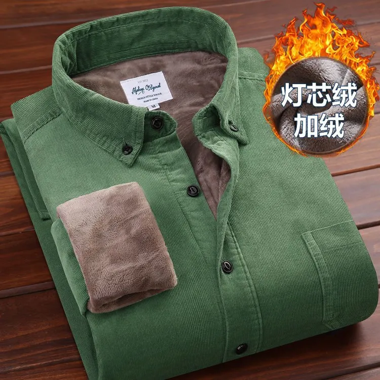 秋冬新款纯棉灯芯绒加绒保暖衬衫男士纯棉条绒加厚衬衣男打底内搭