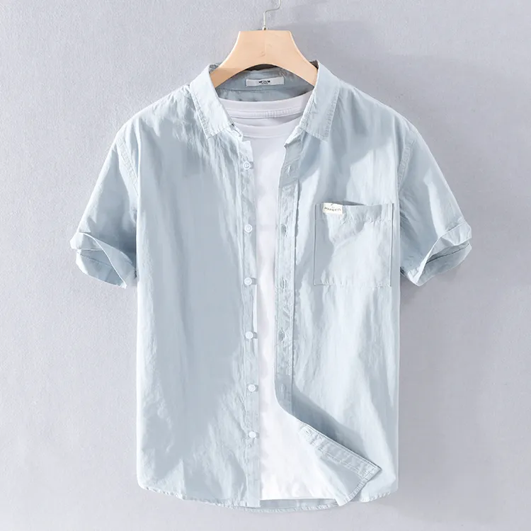 纯棉短袖衬衫男士休闲百搭上衣服夏季新款潮流贴标半袖衬衣男薄款