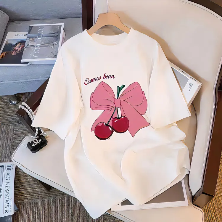 律动莫兰迪洋气半袖时尚印花薄款圆领时尚设计感T恤-樱桃蝴蝶结