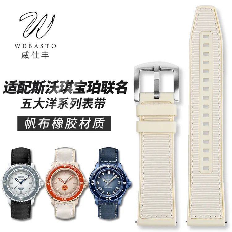 适配斯沃琪联名宝珀blancpain北冰洋美度华为GT5帆布橡胶表带复古