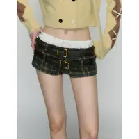 Soote Season原创设计辣妹格纹双皮腰带拼接修身休闲低腰短裤女