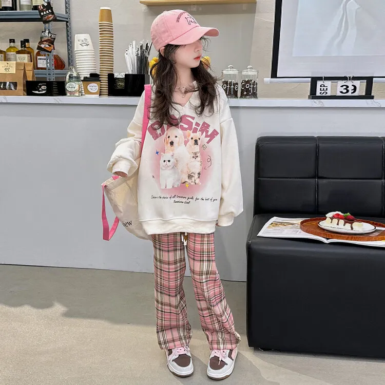 女童套装春秋款2024新款洋气儿童时髦炸街卫衣女大童百褶裙两件套