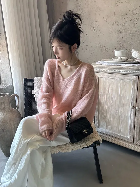 【美子】韩系长袖针织毛衣秋季新款时尚高级显瘦V领慵懒感