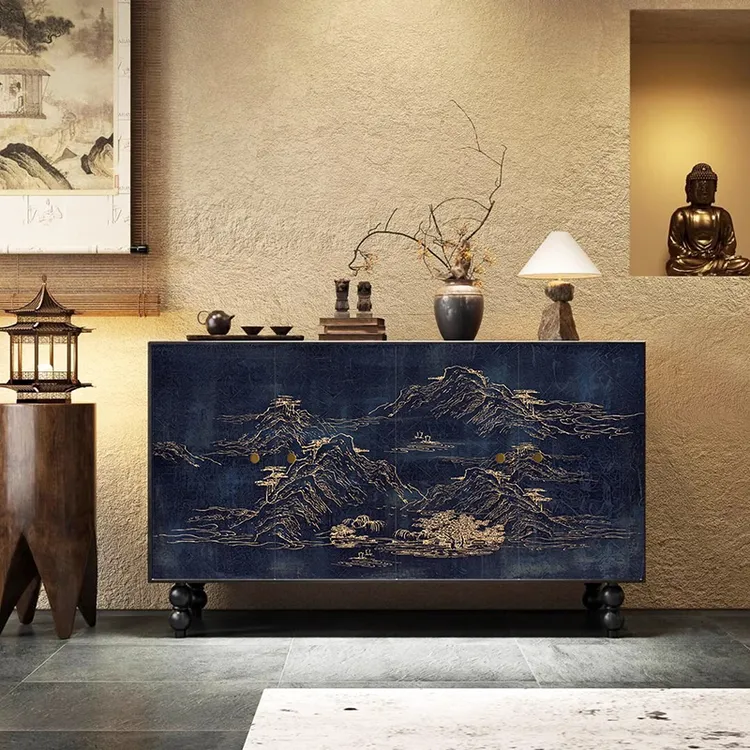 全实木法式中古风新中式复古实木玄关柜餐边柜储物柜客厅边柜黑色