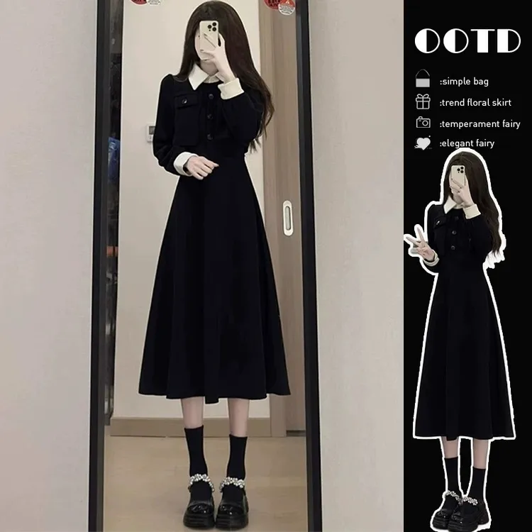 茶歇法式黑色连衣裙子早秋装2025新款女装初秋季穿搭配一整套长裙
