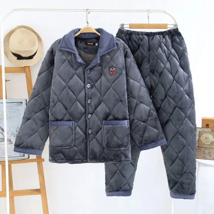 加肥加大冬款男夹棉加厚睡衣三层加绒保暖可外穿珊瑚绒家居服套装
