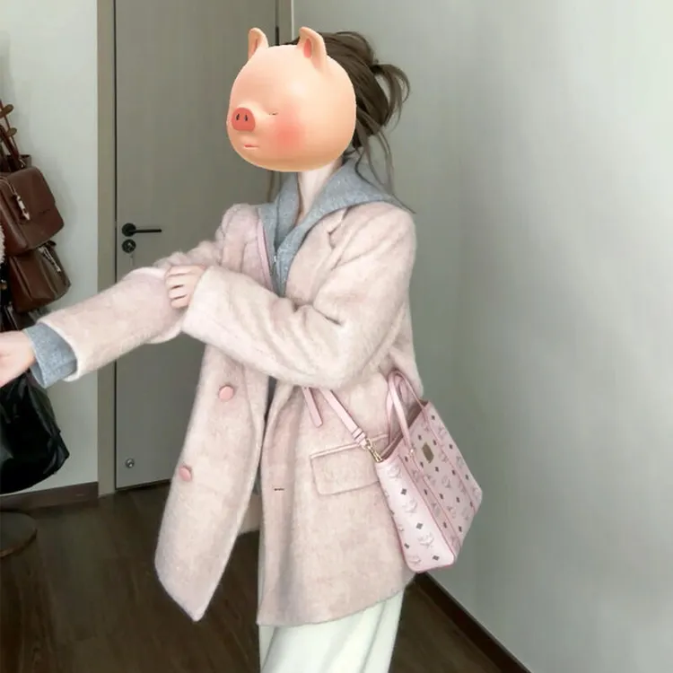 CY7484小香风粉色毛呢外套女早秋2025新款高级感加厚中长款大衣