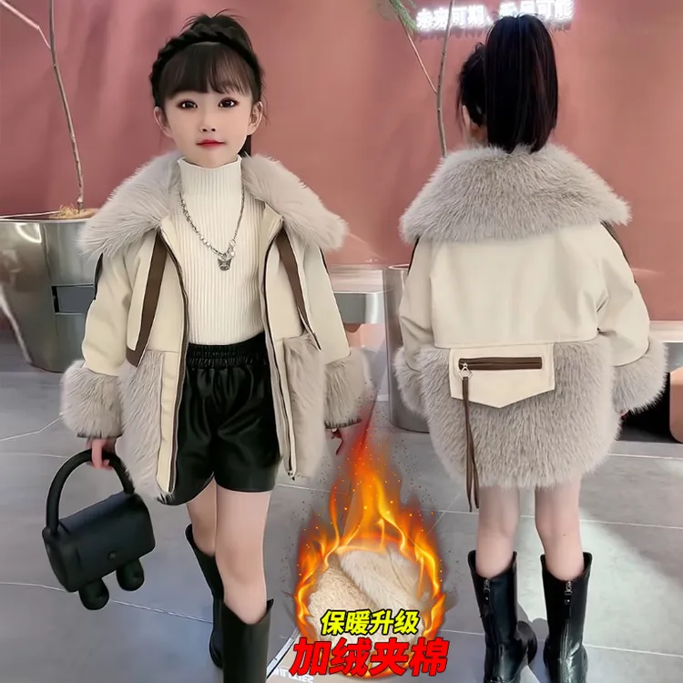 女童外套秋冬新款儿童套装洋派中大童加绒皮毛一体派克服女孩外套