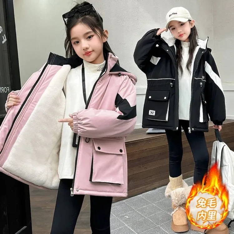 女童加绒加厚收腰派克服冬季6-12岁15岁中大儿童休闲时髦洋气棉袄