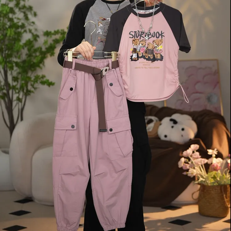 【然妈推荐】2024夏季女童套装休闲时尚修身短袖百搭韩版工装裤