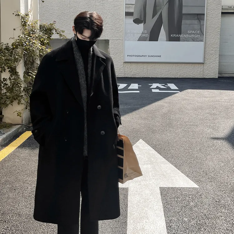 黑色中长款毛呢大衣男士秋冬季加厚过膝风衣高级感潮流韩版长外套