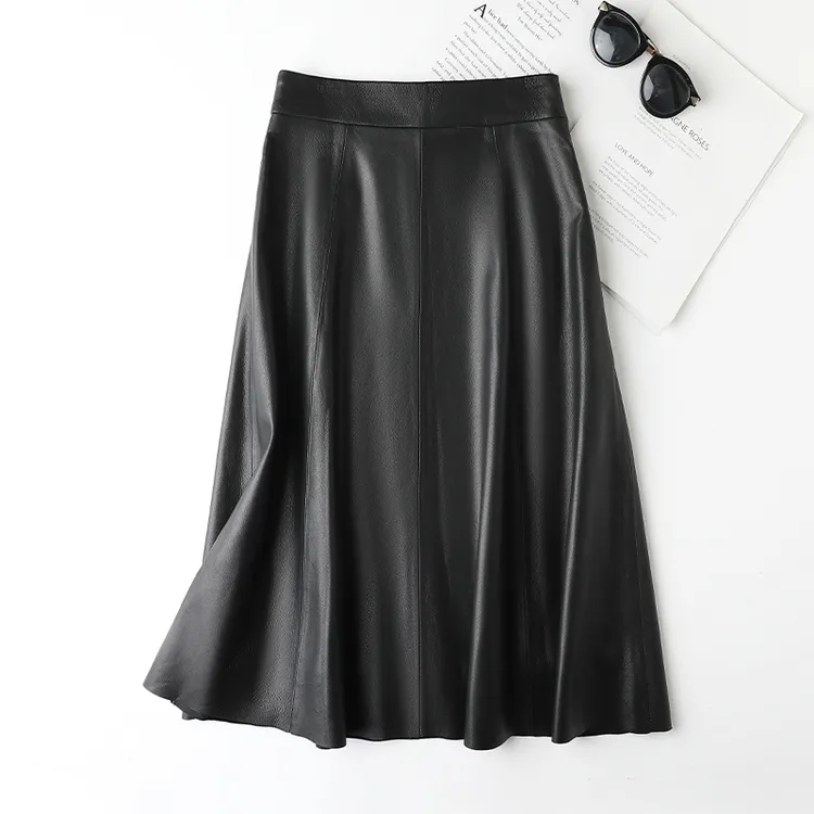 221真皮绵羊皮女士高腰百搭优雅气质伞裙过膝长裙显瘦半身裙