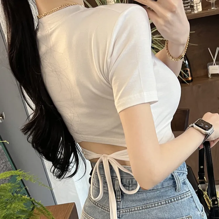 高腰性感露脐系带短袖T恤女设计感小众辣妹紧身露背短款别致上衣