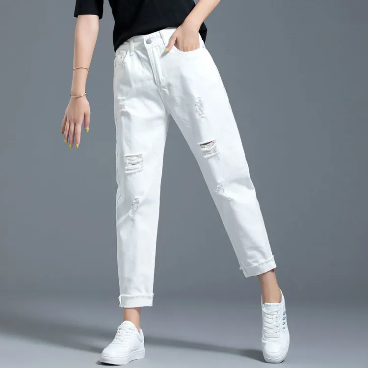 休闲九分裤白色裤子夏季薄款哈伦裤2023年新款小个子破洞牛仔裤女