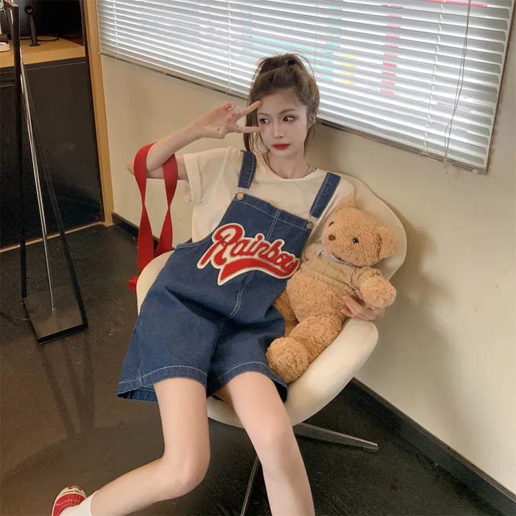 美式复古潮牌刺绣牛仔背带短裤女设计感小众连体裤小个子阔腿裤子