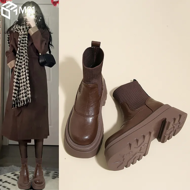 M01马丁靴女鞋2025新款春秋季加绒小个子厚底增高棕色英伦风短靴