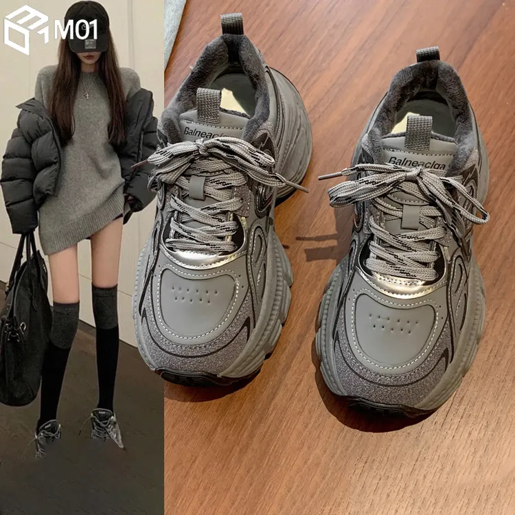 M01老爹鞋女2025新款春秋季加绒二棉鞋子百搭厚底增高休闲运动鞋