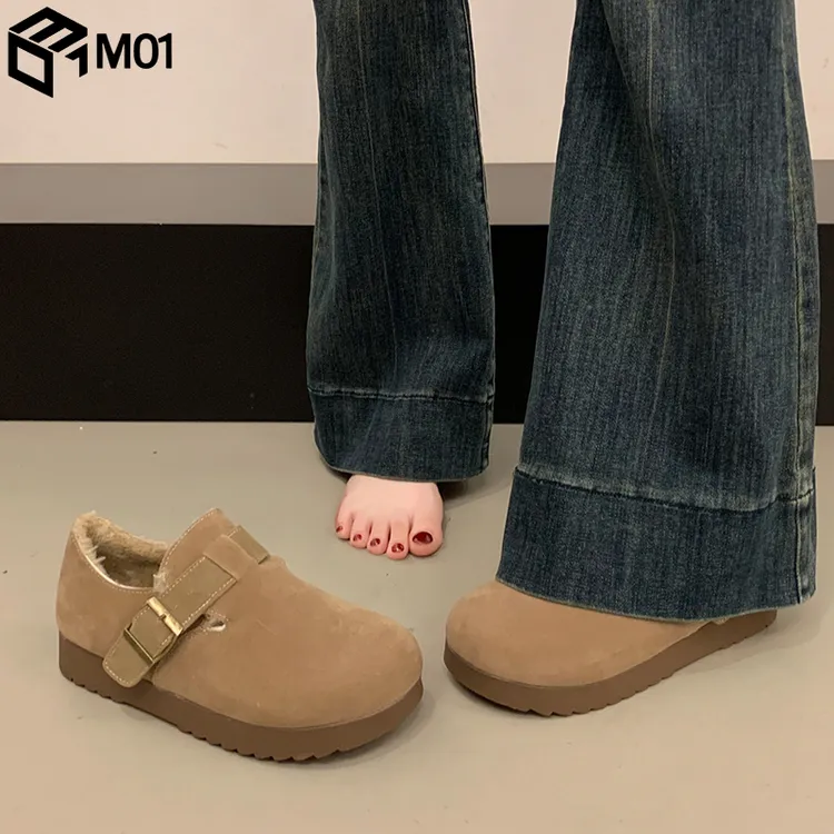 M01加绒保暖勃肯鞋女2025春秋新款复古厚底棉鞋一脚蹬全包博肯鞋