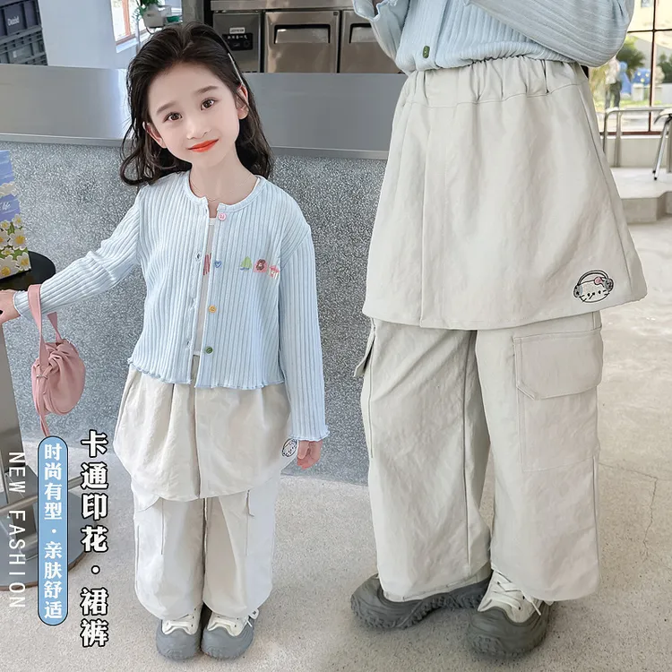女童裤子春秋款2024洋气时髦屁帘裙裤阔腿裤儿童工装裤不易皱长裤