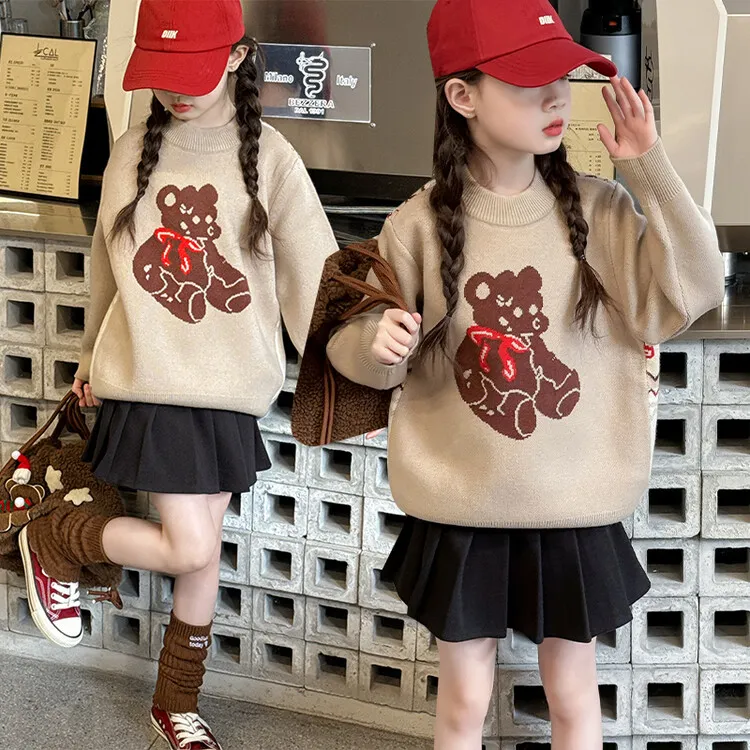女童毛衣2024秋冬儿童小熊针织衫洋气女孩宽松套头复古毛衣