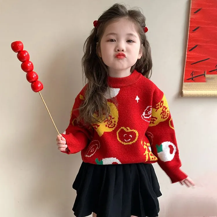 女童新年毛衣加厚冬装2024新款红色儿童针织衫保暖宝宝上衣过年装