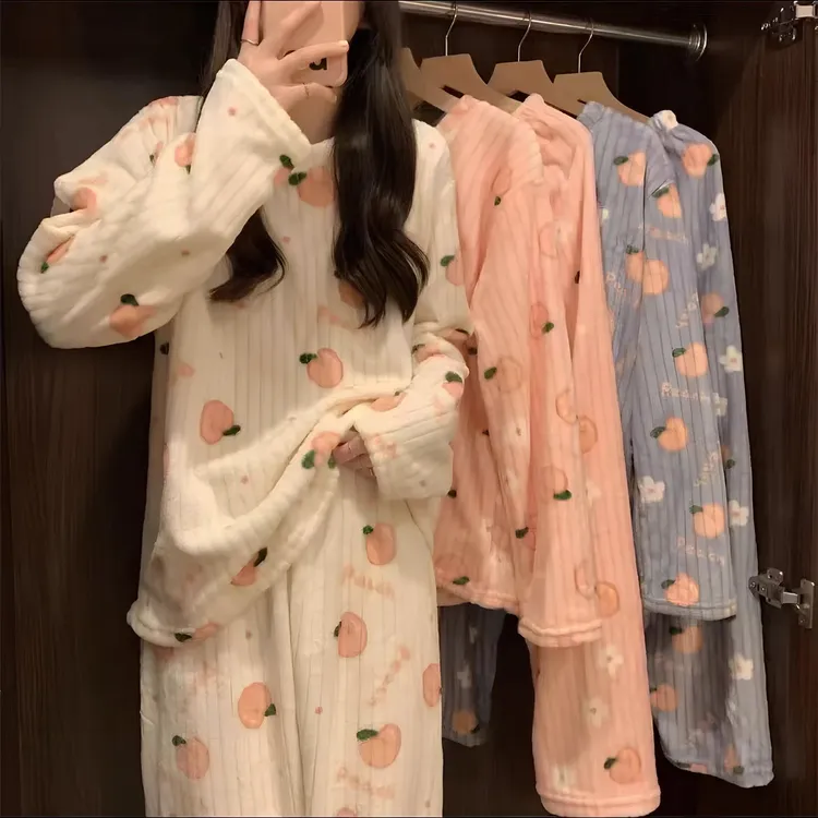 冬季珊瑚绒睡衣女加绒加厚可外穿长袖保暖套装亲子家居服女春节