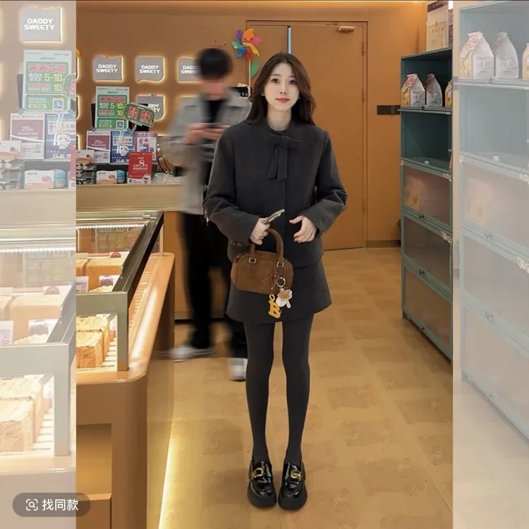 冬季新款蝴蝶结外套半身裙两件套显瘦气质长袖时尚外套黑色