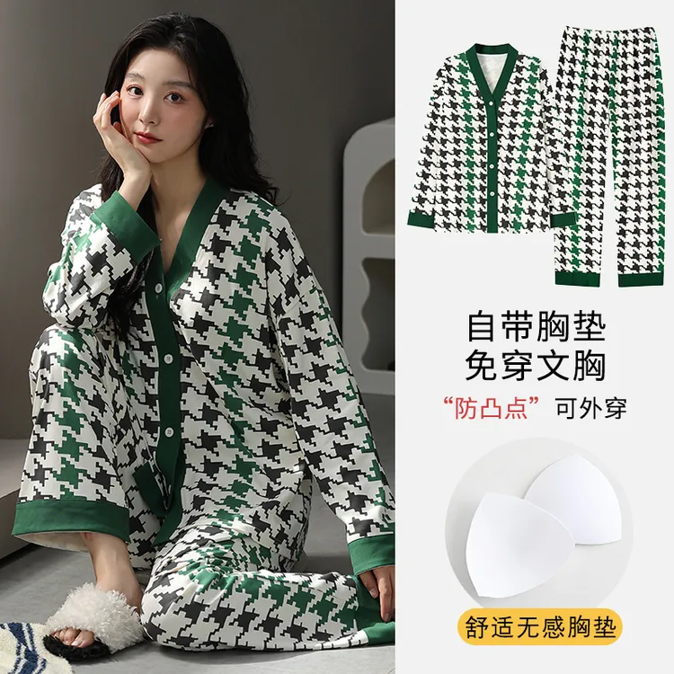 韩版自带胸垫睡衣女春秋长袖和服开衫家居服休闲外穿套装薄款夏季