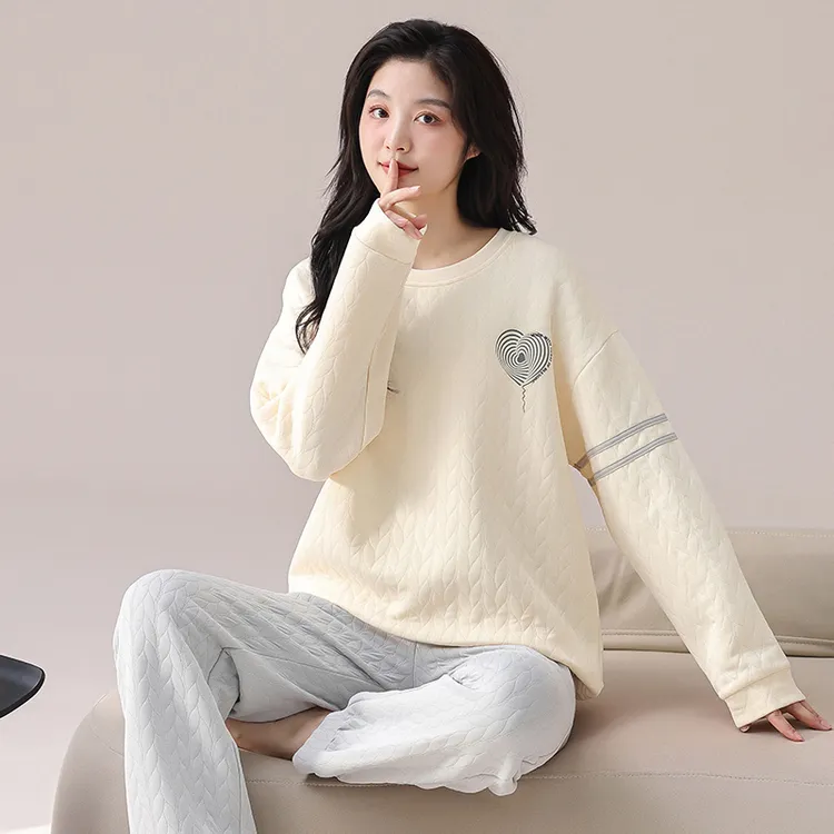 春秋季睡衣女士圆领加厚长袖长裤款保暖2024休闲保暖套装家居服