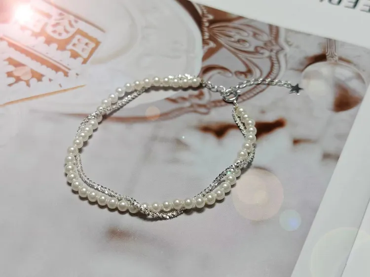 925银手链 双圈满天星925银贝珠手链饰 小香风气质日韩风网红闺蜜