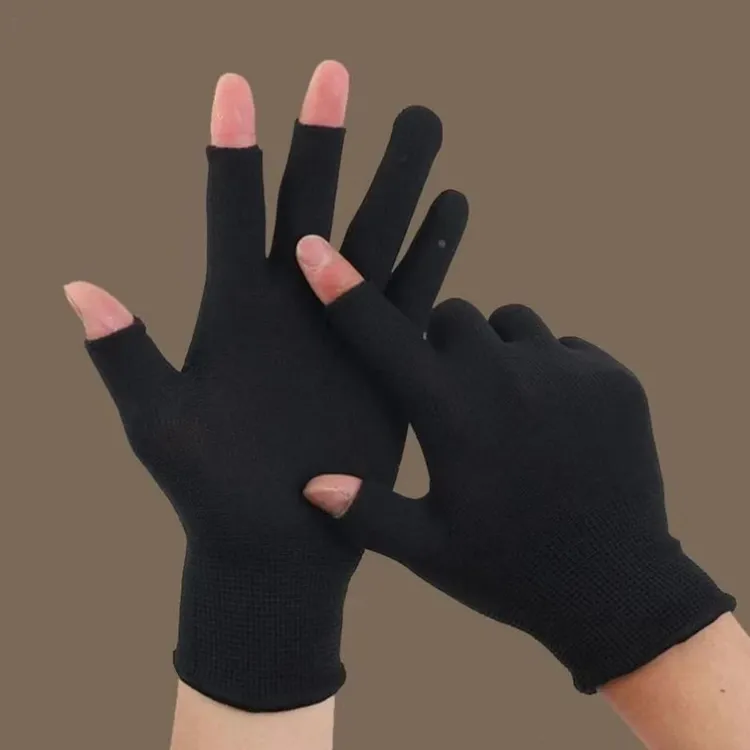 加厚款秋冬高弹半指触屏耐磨工作打包快递分拣保暖漏三指尼龙手套