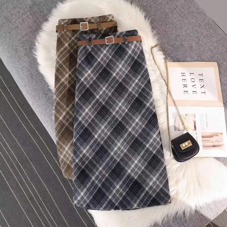 【不扎人】复古格子毛呢半身裙女2024秋冬显瘦开叉中长款a字包臀裙