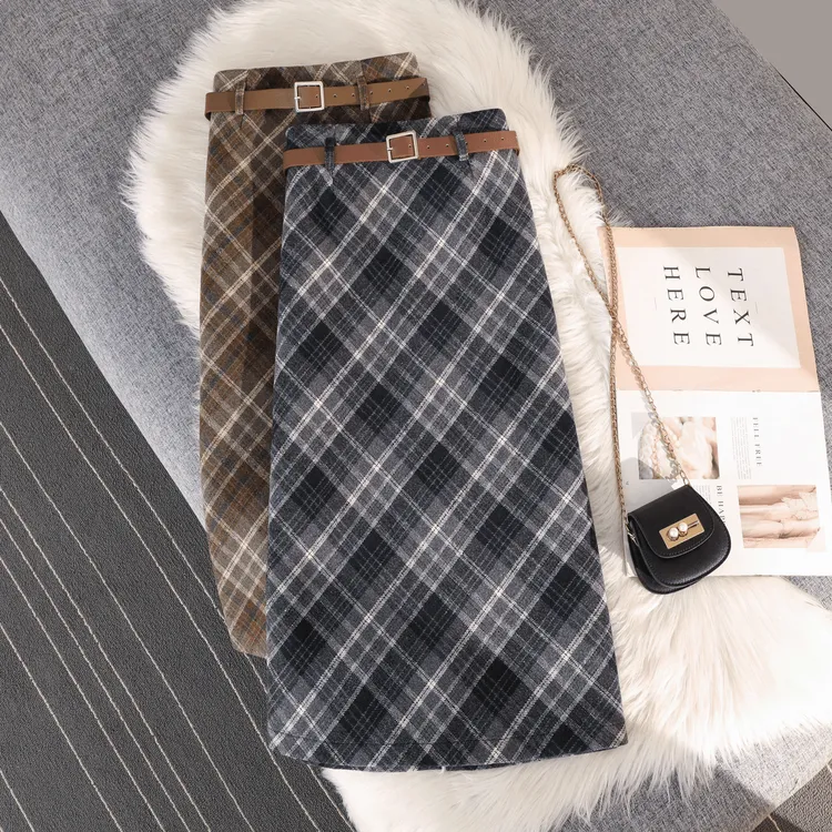 【现货+运费险】百搭格子半身裙女2025秋冬高腰显瘦毛呢长裙子双11